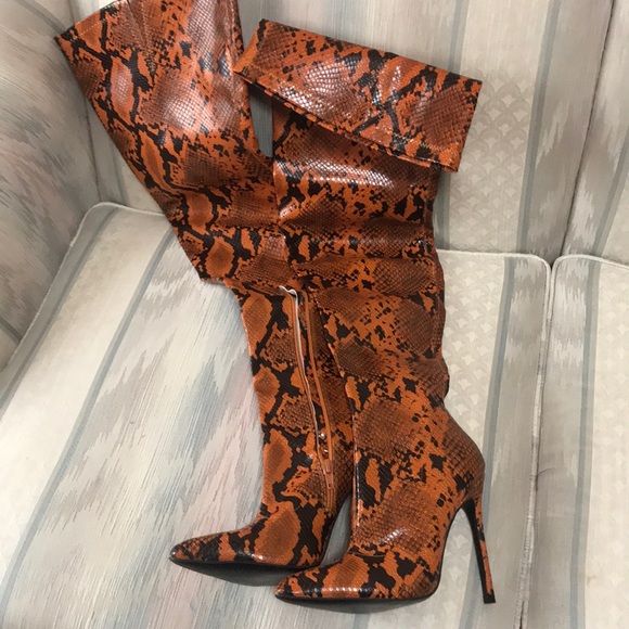 orange snakeskin thigh high boots